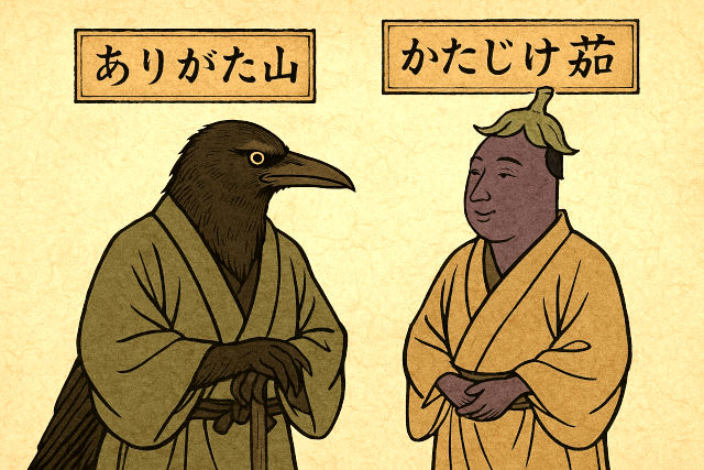 ありがた山のトンビガラスとかたじけ茄子